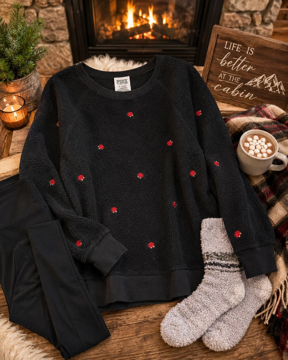 Victoria's Secret PINK Rose Embroidered Sherpa Pullover Sweatshirt Black Medium
